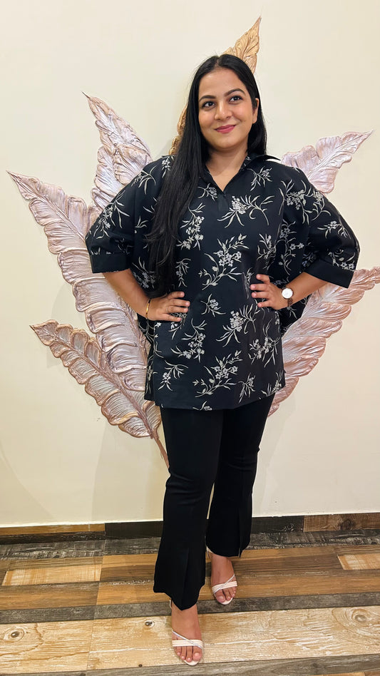 Monochrome Bloom Kurti: Relaxed-Fit Floral Tunic