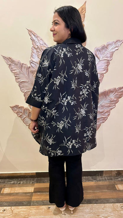 Monochrome Bloom Kurti: Relaxed-Fit Floral Tunic