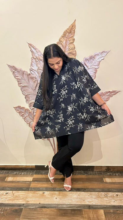 Monochrome Bloom Kurti: Relaxed-Fit Floral Tunic