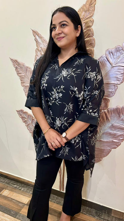 Monochrome Bloom Kurti: Relaxed-Fit Floral Tunic