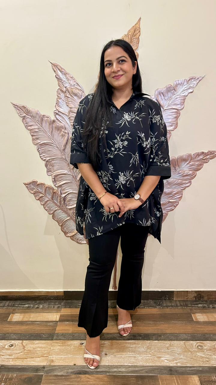 Monochrome Bloom Kurti: Relaxed-Fit Floral Tunic