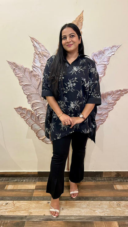 Monochrome Bloom Kurti: Relaxed-Fit Floral Tunic