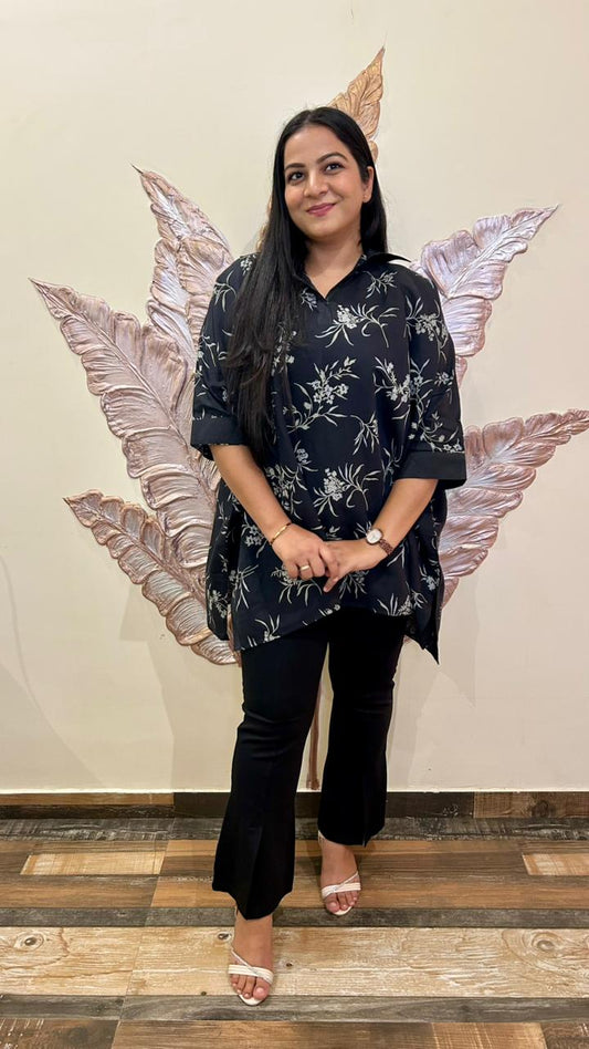 Monochrome Bloom Kurti: Relaxed-Fit Floral Tunic
