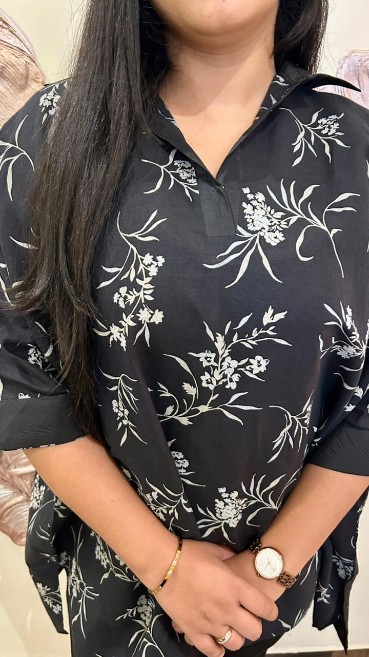Monochrome Bloom Kurti: Relaxed-Fit Floral Tunic