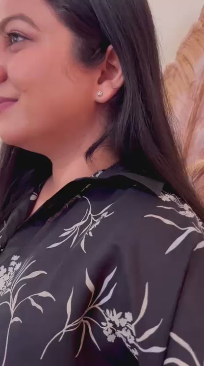 Monochrome Bloom Kurti: Relaxed-Fit Floral Tunic